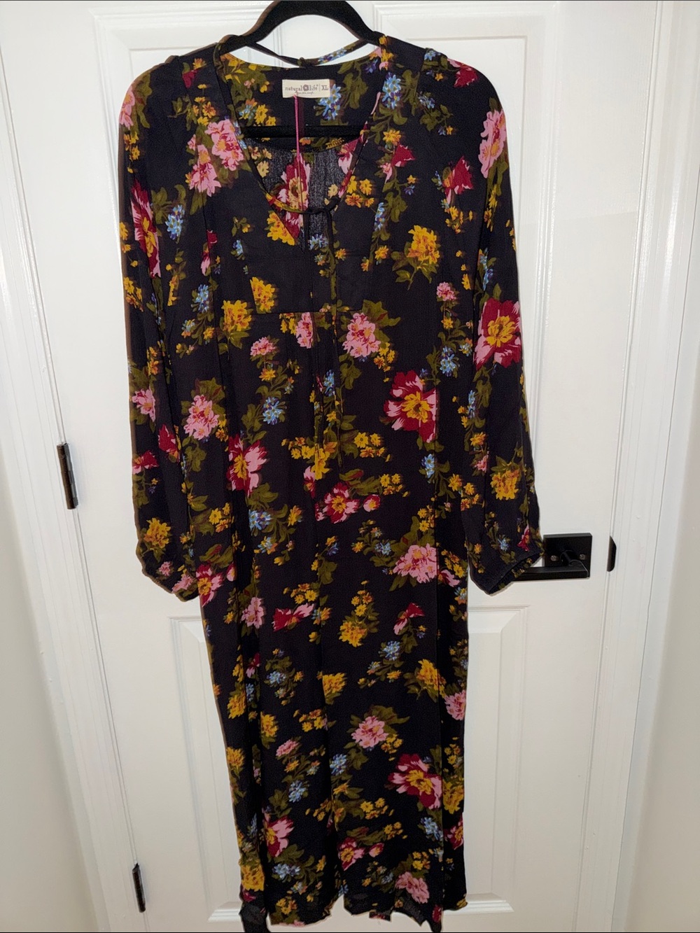 NATURAL LIFE Black Maxi Dress with Pink & Yellow Floral Print